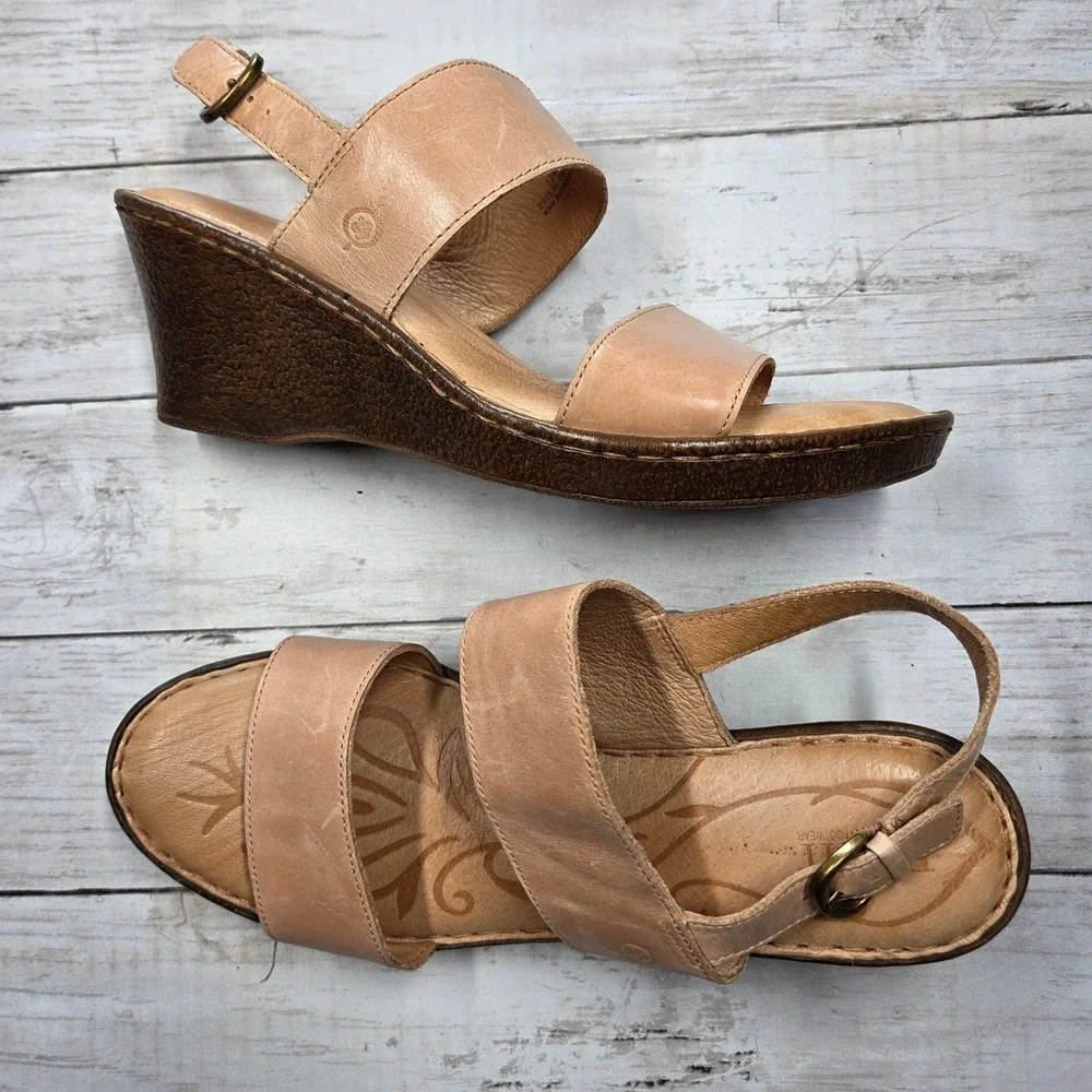 Born D91516 CCK15 Leather Wedge Slingback Sandals Women 12 Tan Nude Boho Comfort